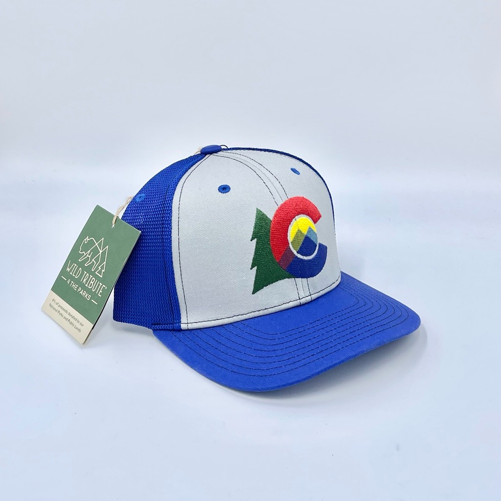 NEW Wild Tribute Colorado Tree Logo Blue Gray SnapBack Trucker Hat Adult OS